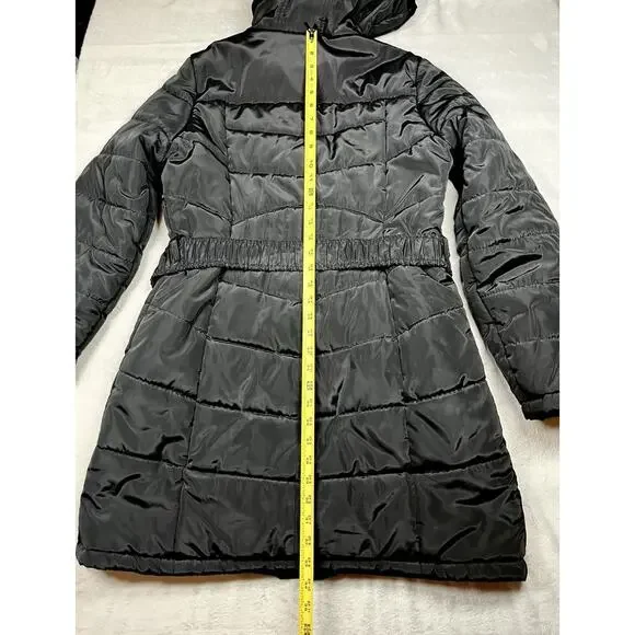 Bebe Long Black Puffer Coat Belted Gold Accents Womens L Double Zipper Hooded - Picture 13 of 16